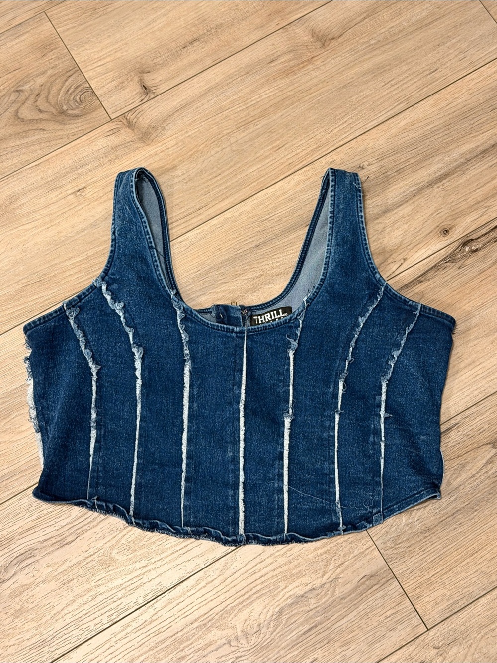 Thrill Distressed Vertical-Seam Denim Crop Top in Blue